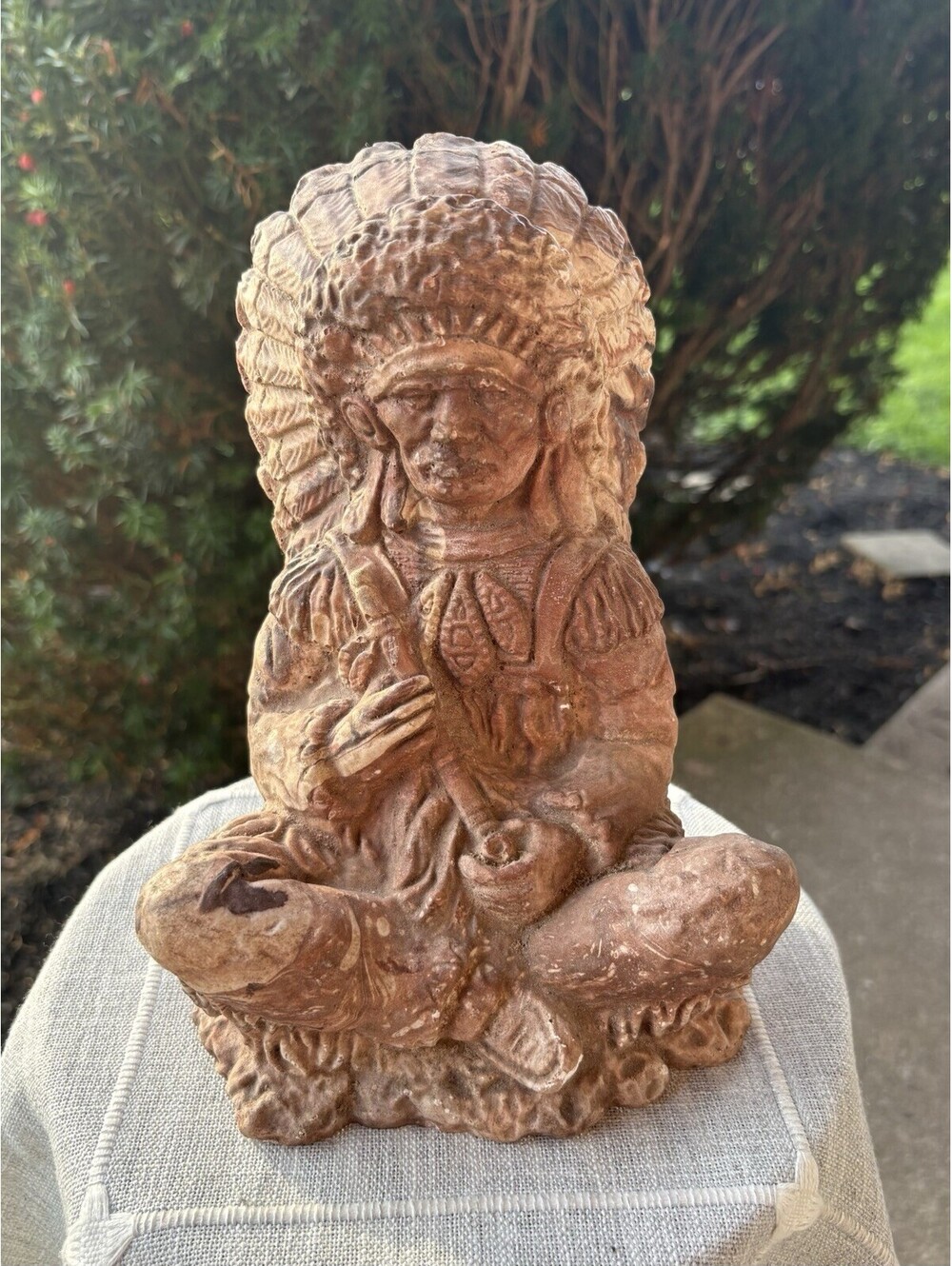 Native American Chief Figurine Seated Headdress Heavy Cast Resin Sculpture Decor